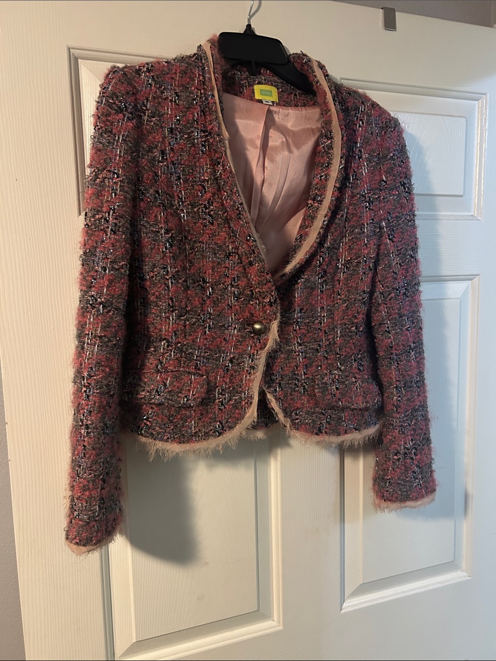 Lemon Pink Tweed Blazer with Fringe Trim